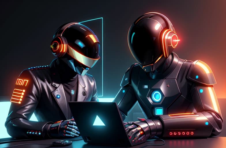 daft-punk style robot assistant, jet pilot helment, writing software, hacker house, glowing computer screen