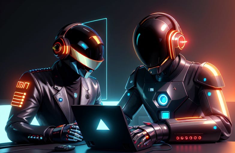 daft-punk style robot assistant, jet pilot helment, writing software, hacker house, glowing computer screen