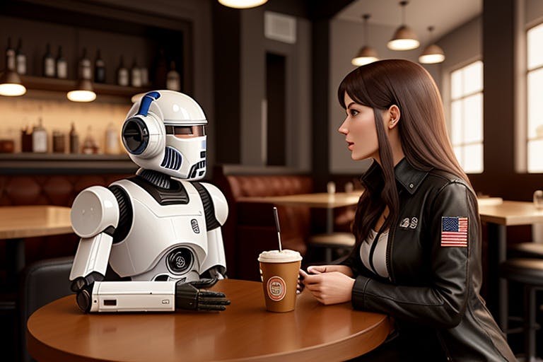 Woman having a conversation with a droid-style robot in a cafe